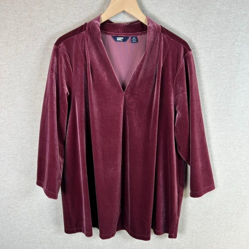 Lands End Womens Velour Top Size 2X Vneck Stretch Velvet Shimmer Soft Valentines